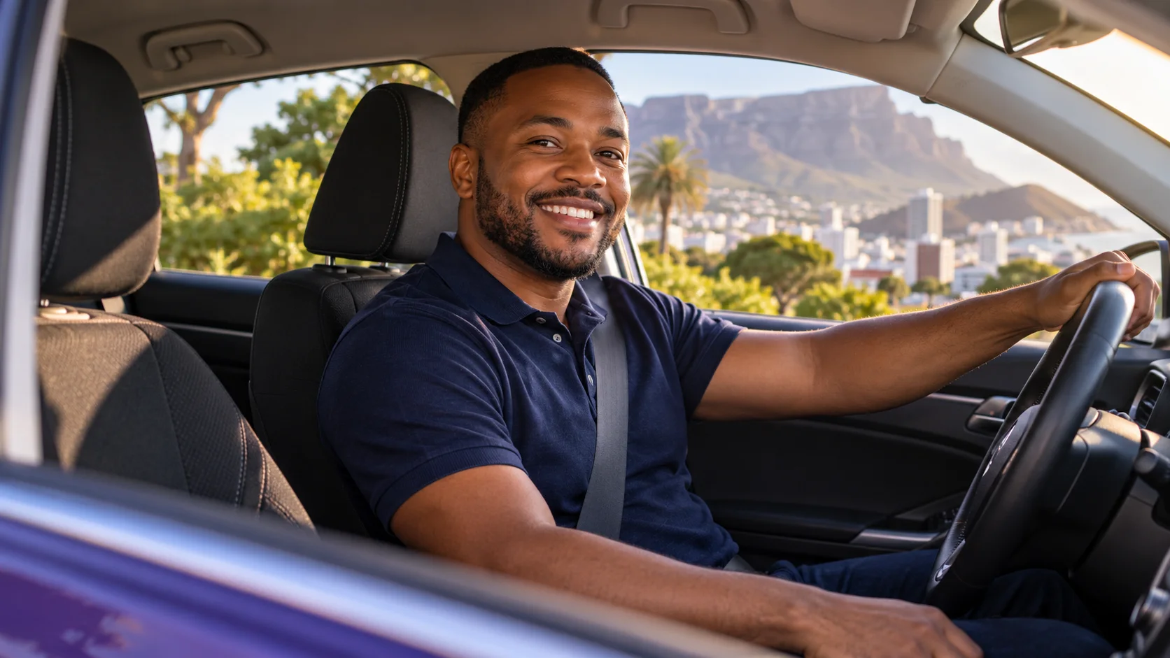 A smiling South African driver in the right-hand seat of a parked car